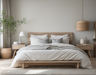 Skandinavisches Schlafzimmer mit Holzdetails und viel Weiß
