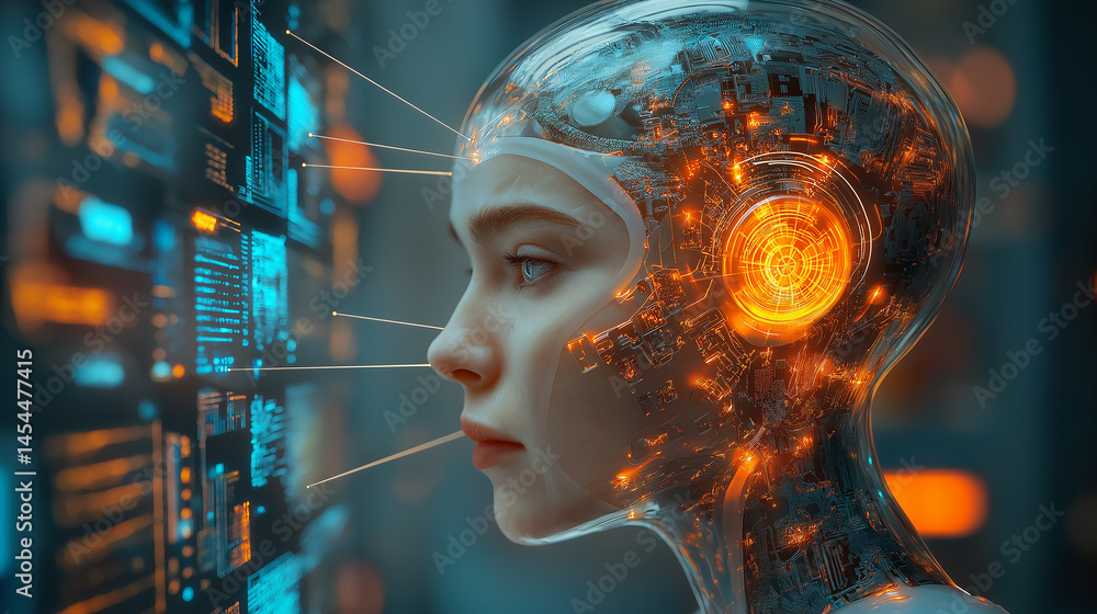 Poster a conceptual visualization of artificial general intelligence (agi) interconnecting lines ,surrounde