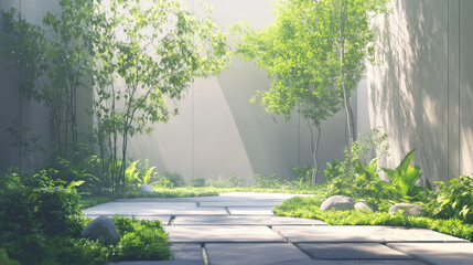 Minimalist Courtyards in Digital Art – Peaceful Architectural Spaces with Sleek Surfaces, Stone Paths & Lush Greenery for a Modern, Serene Outdoor Aesthetic