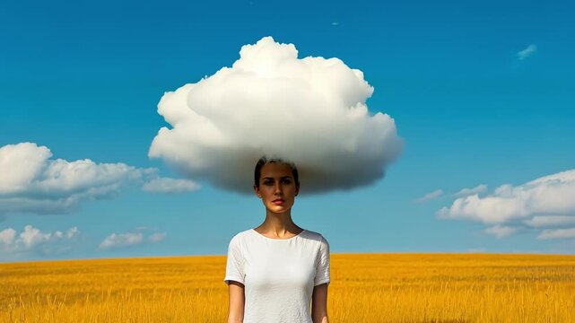 Surreal image of a young woman standing in a golden wheat field under a clear blue sky, a large white cloud obscuring her head, creating a dreamlike and thought provoking scene