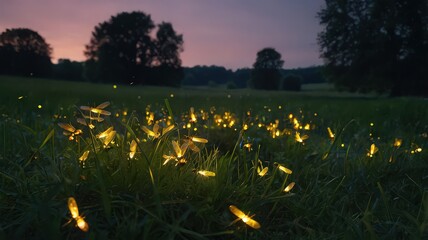 Magical summer night field illuminated by glowing fireflies