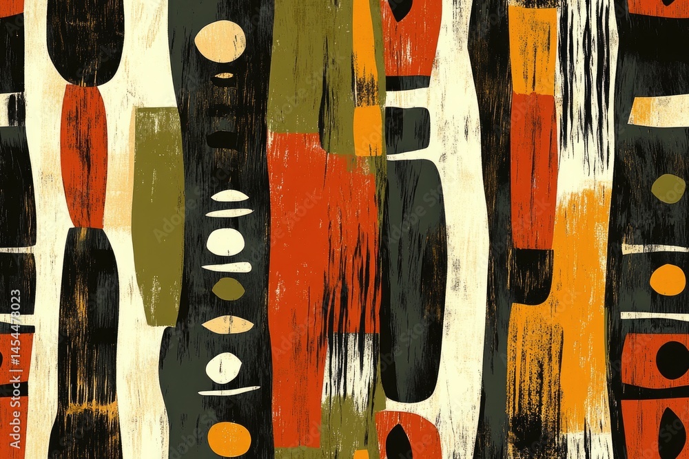 Poster bold colors and dynamic shapes create striking abstract composit