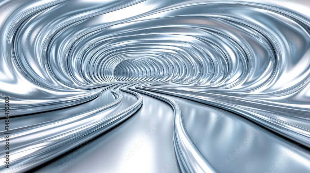 Poster futuristic, abstract tunnel with metallic, reflective surface creates sense of motion and depth. swi