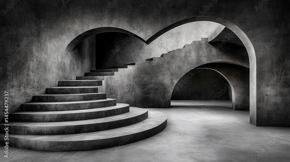 Poster D rendering of minimal architectural building showcases curved staircases and arches in monochromatic, modern design. concrete texture adds depth and elegance