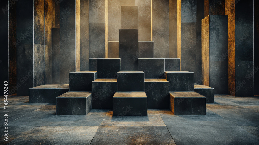 Poster dramatic architectural space features series of dark, textured cubic structures arranged in stepped 