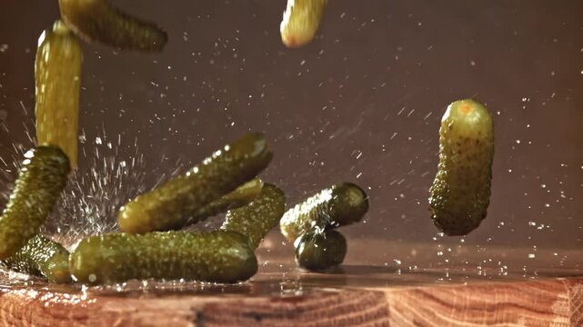 Pickled cucumbers fall on a wooden table. Filmed on a high-speed camera at 1000 fps. High quality FullHD footage