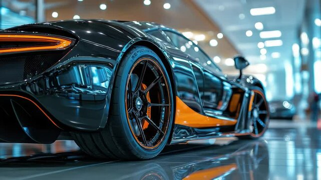 Black and orange sports car is parked in a showroom. The car is shiny and has a sleek design. The showroom is well lit, and the car is the center of attention