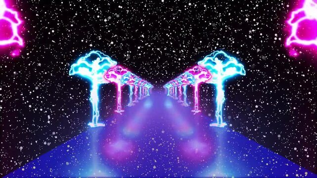 This digital artwork features a surreal, retro-futuristic scene where a glowing neon tunnel formed by concentric triangular frames stretches into the distance