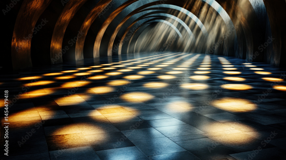Poster Mesmerizing abstract rendering of architectural space features arched structures and checkered floor illuminated by circular light patterns, creating surreal atmosphere