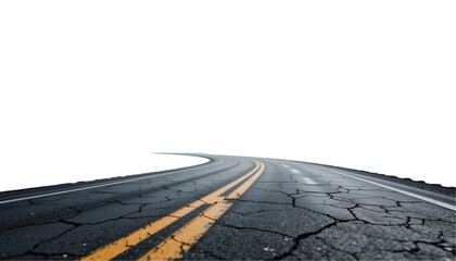 Winding asphalt road with cracked surface. Perspective shot of a curving two-lane highway isolated on transparent background 