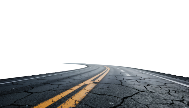 Winding asphalt road with cracked surface. Perspective shot of a curving two-lane highway isolated on transparent background 