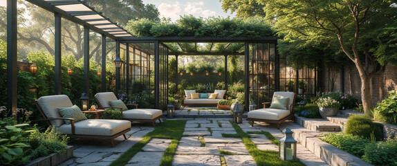 Luxurious outdoor lounge area with comfortable seating and lush greenery in a peaceful garden