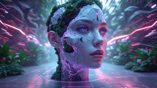 Futuristic cyborg woman with geometric faceted skin in a neon lit cyberpunk environment