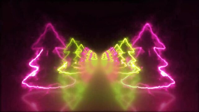 This digital artwork features a surreal, retro-futuristic scene where a glowing neon tunnel formed by concentric triangular frames stretches into the distance