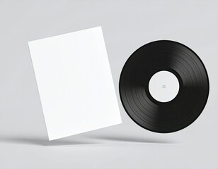 Floating black vinyl record and blank white album cover mockup on light grey background, minimalist music design, retro audio template, 3D rendering