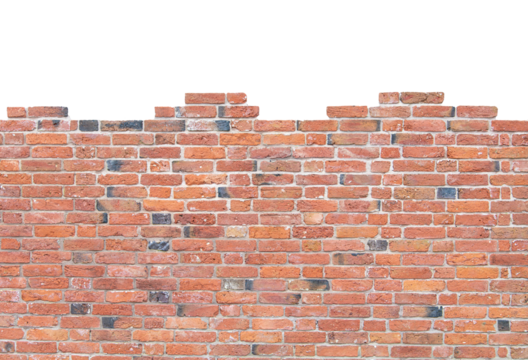 The top has been knocked off a red brick wall with a transparent background.