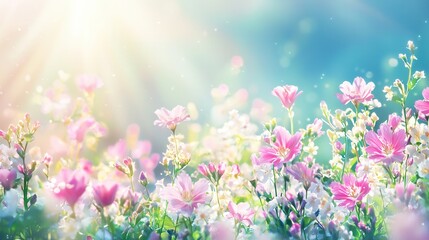 Fototapeta premium Sunlit Meadow of Delicate Pink and White Blossoms