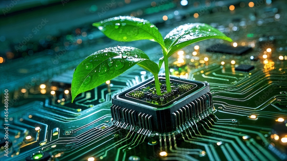 Poster 緑の植物が電子基板上に成長する未来的な概念 緑の葉がチップ上に芽吹くテクノロジーと自然の融合