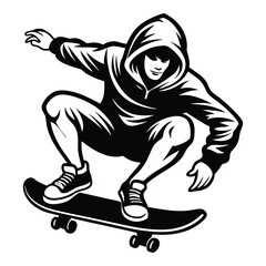 Skateboarder Vector Illustration, White Silhouette, Action Sport, Skateboarding Stunt