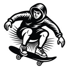 Skateboarder Vector Illustration, White Silhouette, Action Sport, Skateboarding Stunt