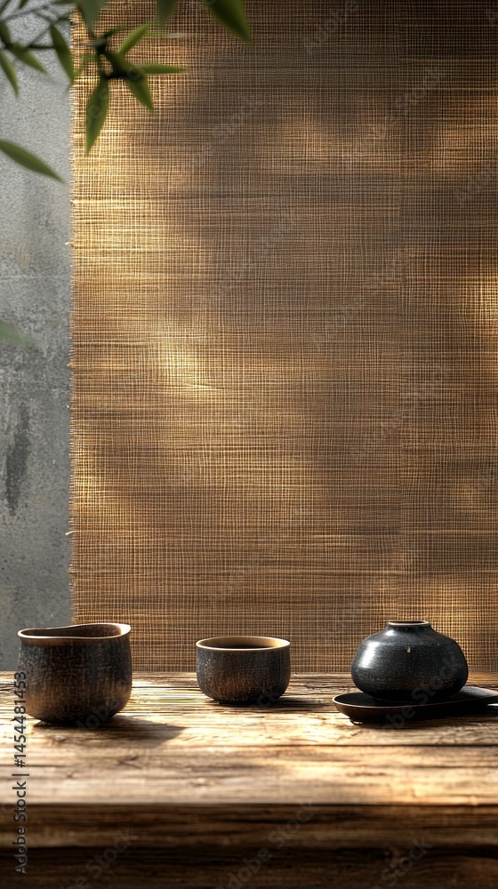 Poster Three rustic pottery pieces sit elegantly on a weathered wooden table, illuminated by soft natural light. This serene display emphasizes simplicity and craftsmanship in a calming environment