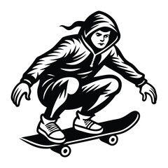 Skateboarder Vector Illustration, White Silhouette, Action Sport, Skateboarding Stunt