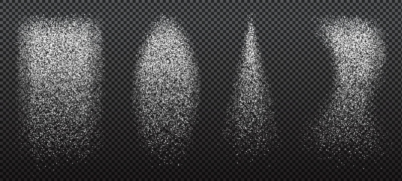 Design elements for kitchen, bakery, advertising, video. Powder sugar explosion splash, falling flour, salt powder falling gently, snow flying. Kitchen or winter vector backgtouns. White dots.