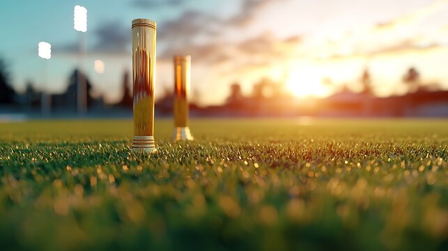 Golden Cricket Trophy at Sunset on Green Field