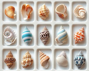 Seashells arranged in a grid pattern.  Colorful and varied seashells, each in a small compartment