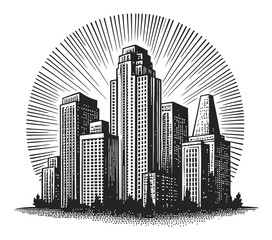 Vintage City Skyline with Radiating Lines in Vector Style Design