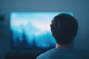 young adult immersed in playing video game sitting on minimalist couch illuminated by serene glow of television screen