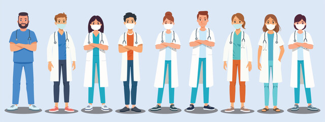 Vector illustration of medical professional, including doctors and nurses in scrub and lab coat, standing as a team. Flat design of hospital staff for healthcare, medical, and clinic-related concepts.