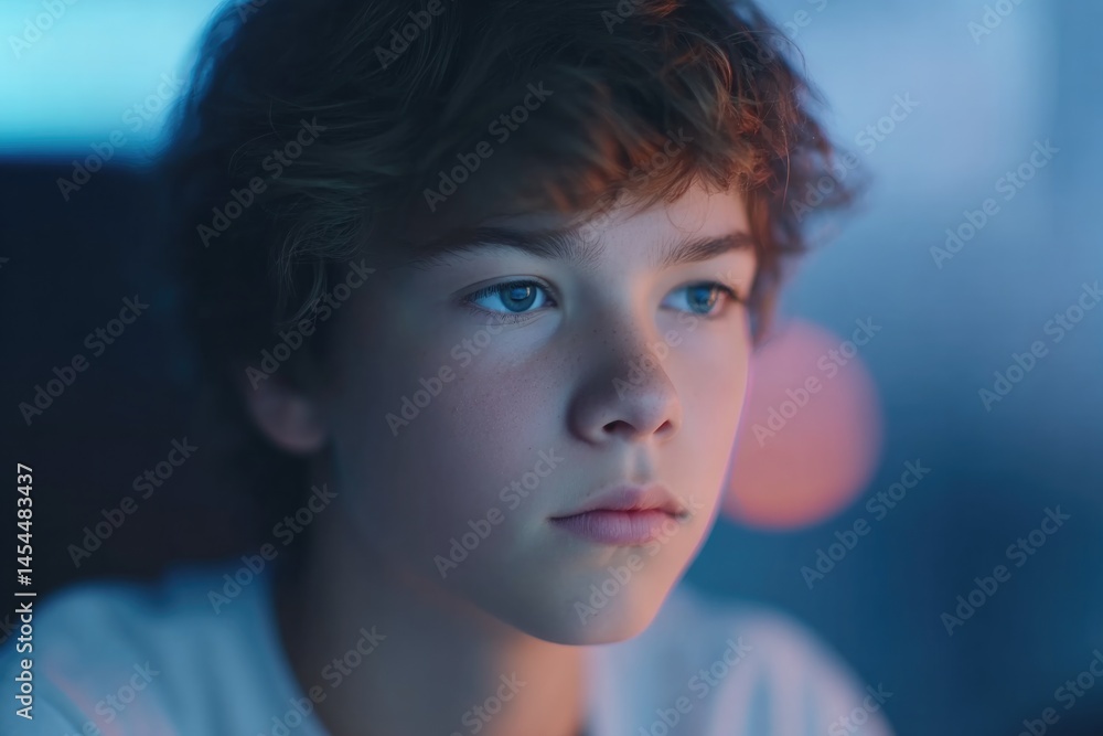 Poster young gamer intensely playing on console in empty room minimalistic design with ample copy space
