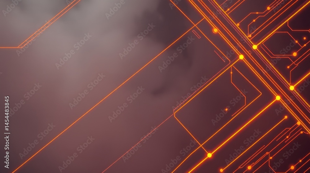 Poster glowing orange circuit lines intersect on a dark, hazy background