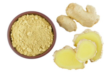 Fresh ginger root with ground spice in bowl.