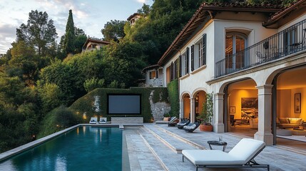 Fototapeta premium Elegant mansion with a captivating outdoor entertainment area and infinity pool