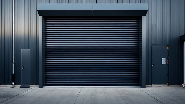 Industrial Building Exterior: Dark Grey Roller Shutter Door and Metal Facade