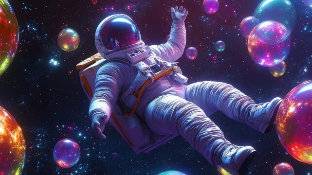 An astronaut floats effortlessly through a vibrant cosmic scene filled with shimmering bubbles and radiant colors against the backdrop of space