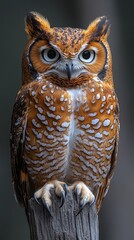 Majestic Brown Wood Owl Perched on Weathered Stump