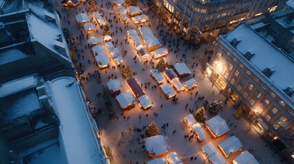 Fototapeta premium aerial drone shot capturing festive hustle and bustle of christmas market viewed top-down