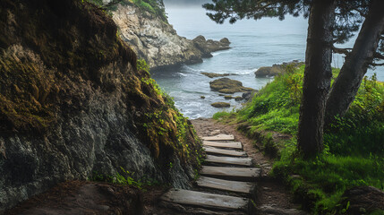 Scenic coastal path leading to a sandy beach bordered by green nature and rugged rocks under a summer sky