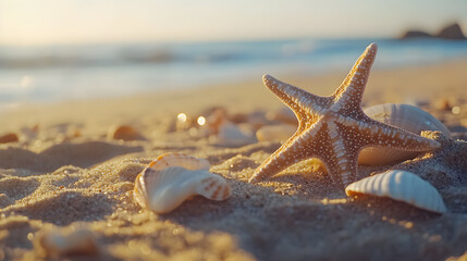 A lone starfish rests on the summer sand, a tropical life by the ocean's gentle wave