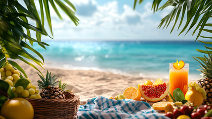 Tropical island paradise spa still life with palm trees, sandy beach, and clear ocean water
