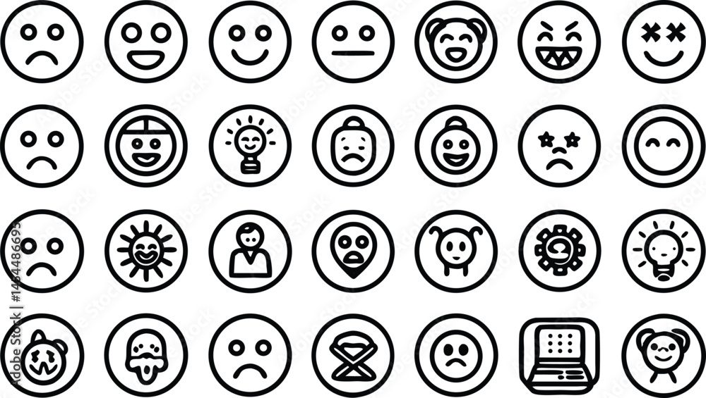 Poster a black and white vector set of happy and sad smiley face buttons with emotional icons and circle pa