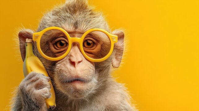 Funny monkey wearing yellow glasses using a banana as a phone on a vibrant yellow background