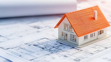 Orange miniature house model on architectural blueprints