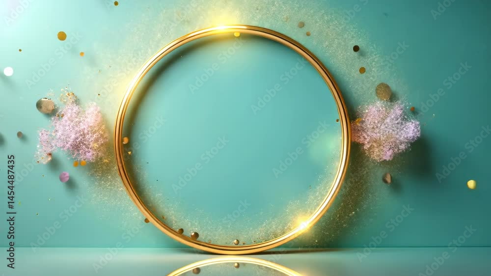 Aufkleber Gold Ring Frame with Sparkling Confetti and Soft Clouds on Teal Background