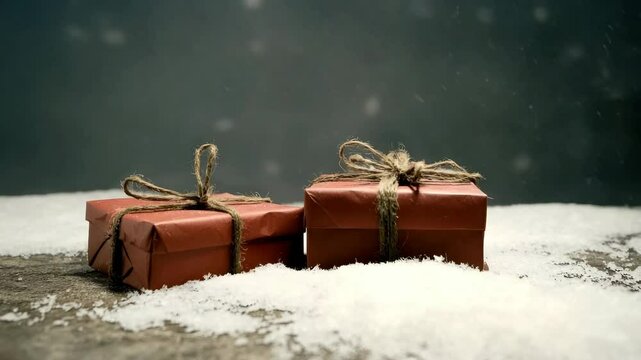 Two brown gift boxes and present with rustic twine bows sit on snowy ground, evoking cozy winter holiday atmosphere and snow