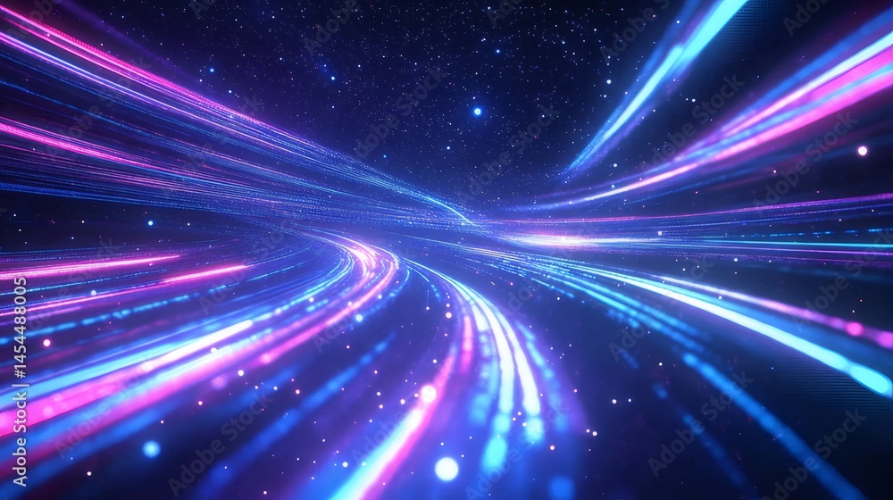 Poster 輝く光のストリームが宇宙空間を駆け抜けるデジタルデザイン 鮮やかな青と紫のエネルギーの流れが未来的な背景を形成