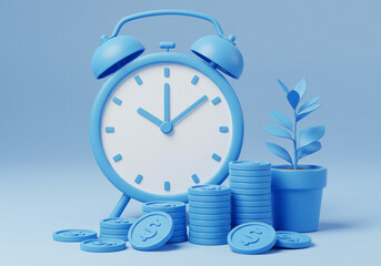 Time is Money Concept with Clock, Coins, and Plant in Blue Tones